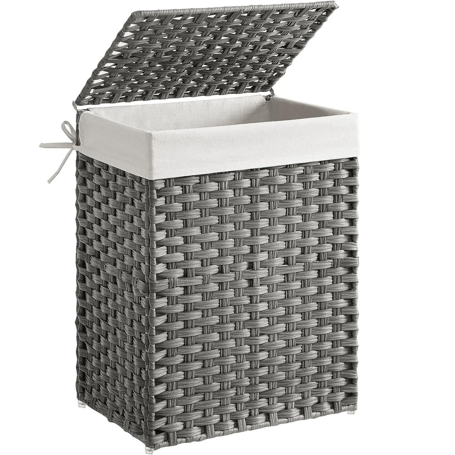 SONGMICS Cos de rufe din ratan sintetic cu capac, sac detasabil, volum 90L, 46x33x60cm, gri