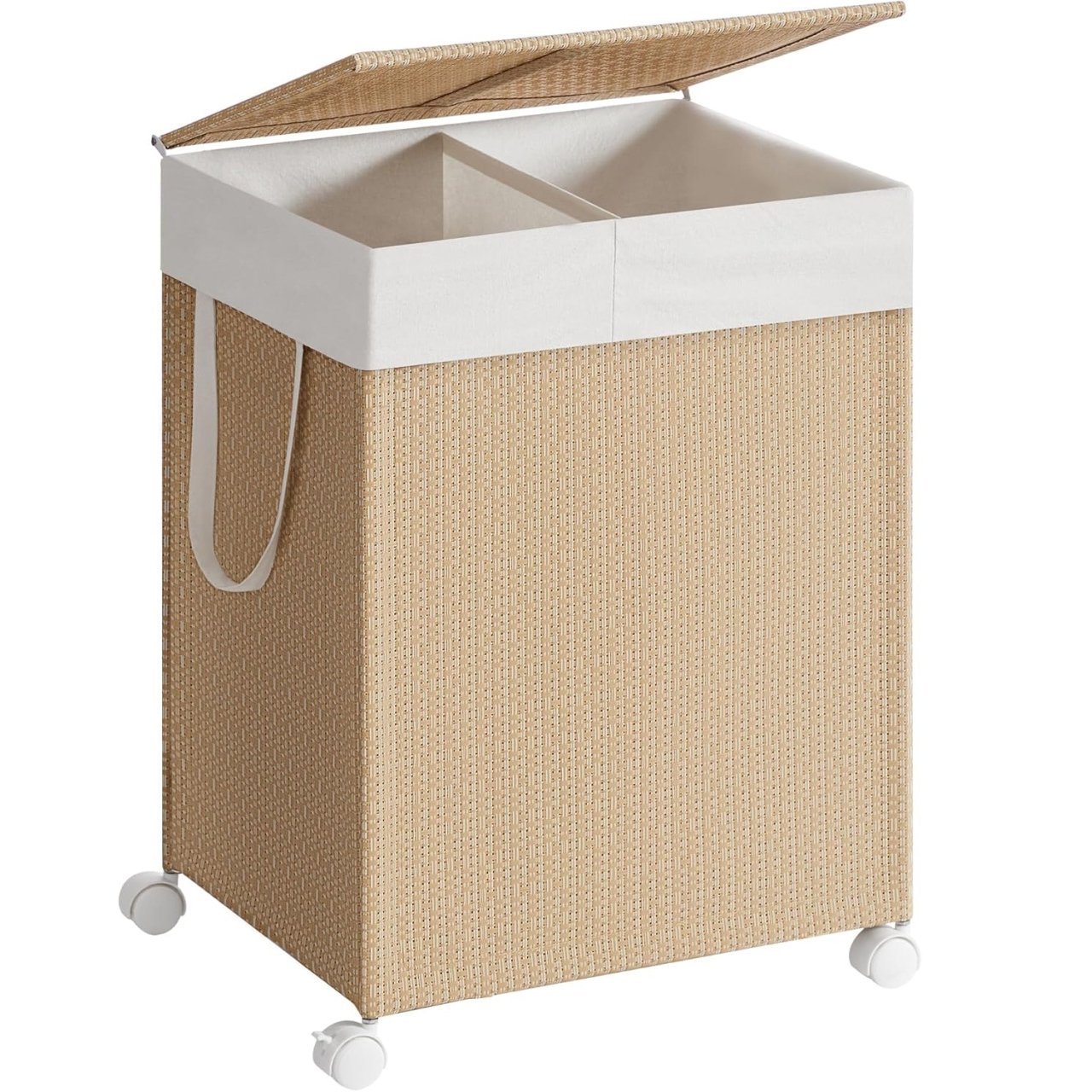 SONGMICS Cos rufe din tesatura tip ratan, 100L cu 2 compartimente si roti, 47x38x65 cm, bej natur 1 SONGMICS Cos rufe din tesatura tip ratan, 100L cu 2 compartimente si roti, 47x38x65 cm, bej natur