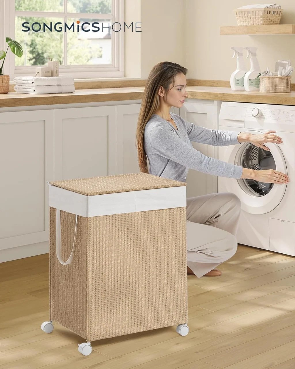 SONGMICS Cos rufe din tesatura tip ratan, 100L cu 2 compartimente si roti, 47x38x65 cm, bej natur 2 SONGMICS Cos rufe din tesatura tip ratan, 100L cu 2 compartimente si roti, 47x38x65 cm, bej natur - imagine 2