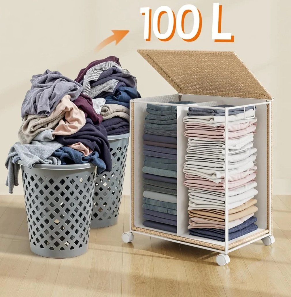 SONGMICS Cos rufe din tesatura tip ratan, 100L cu 2 compartimente si roti, 47x38x65 cm, bej natur 4 SONGMICS Cos rufe din tesatura tip ratan, 100L cu 2 compartimente si roti, 47x38x65 cm, bej natur - imagine 4