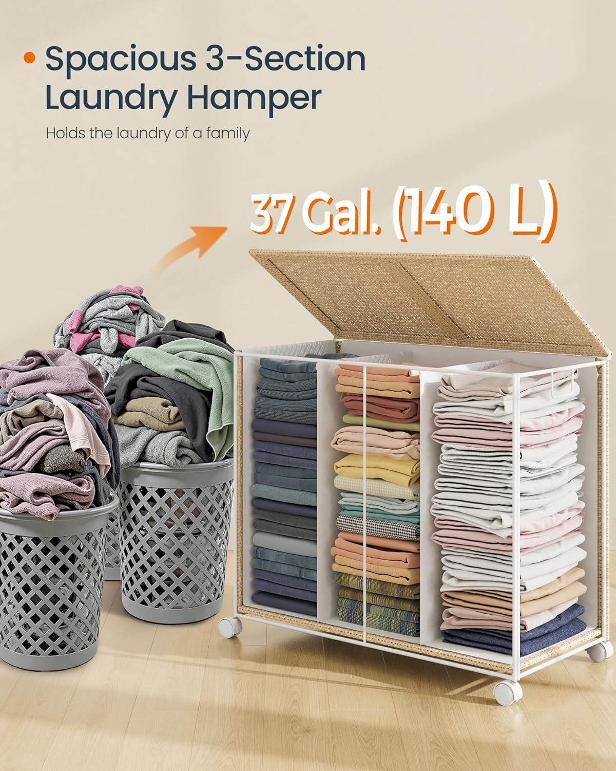 SONGMICS Cos rufe din tesatura tip ratan, 140L cu 3 compartimente si roti, 66x38x65 cm, bej natur 2 SONGMICS Cos rufe din tesatura tip ratan, 140L cu 3 compartimente si roti, 66x38x65 cm, bej natur - imagine 2