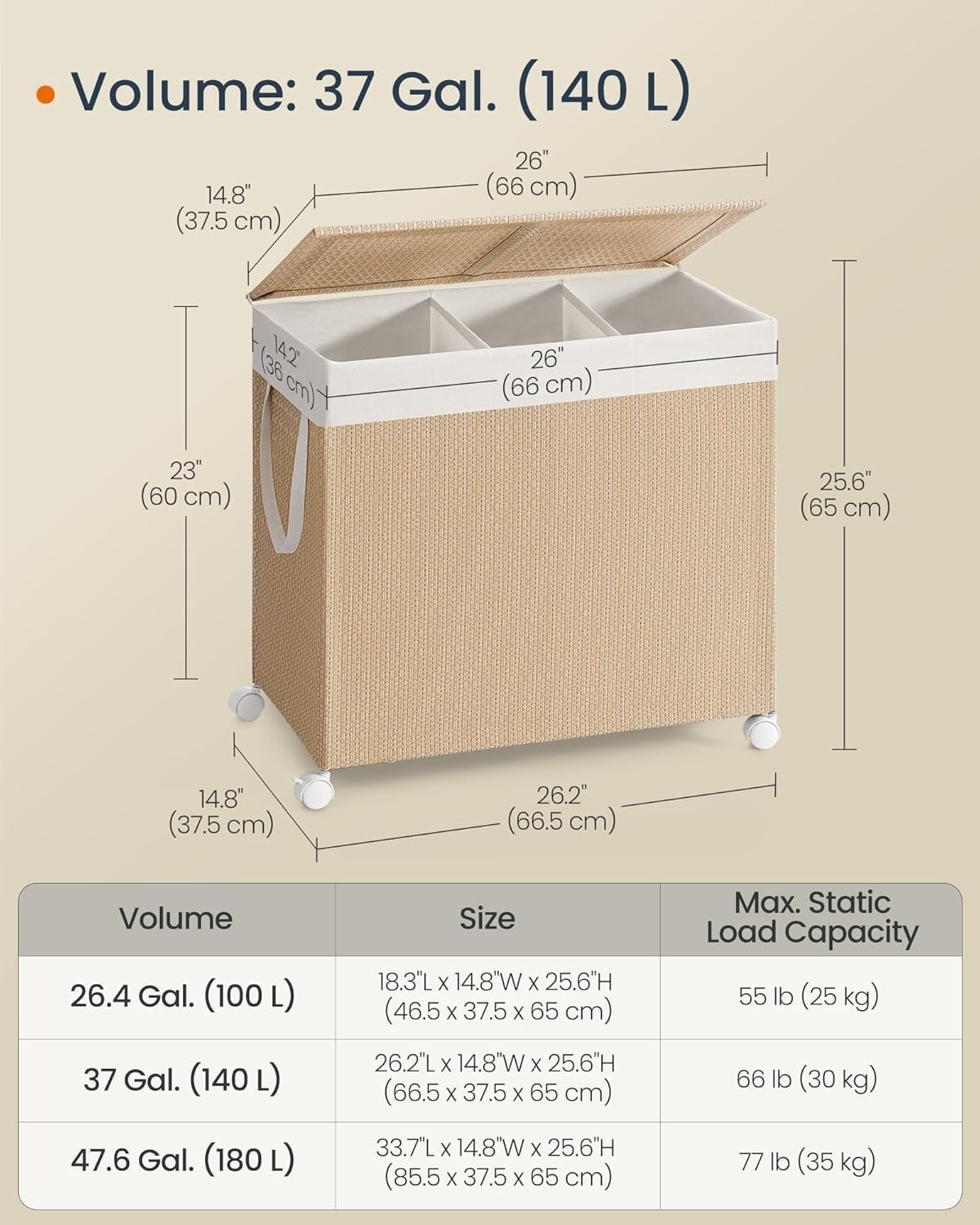 SONGMICS Cos rufe din tesatura tip ratan, 140L cu 3 compartimente si roti, 66x38x65 cm, bej natur 3 SONGMICS Cos rufe din tesatura tip ratan, 140L cu 3 compartimente si roti, 66x38x65 cm, bej natur - imagine 3