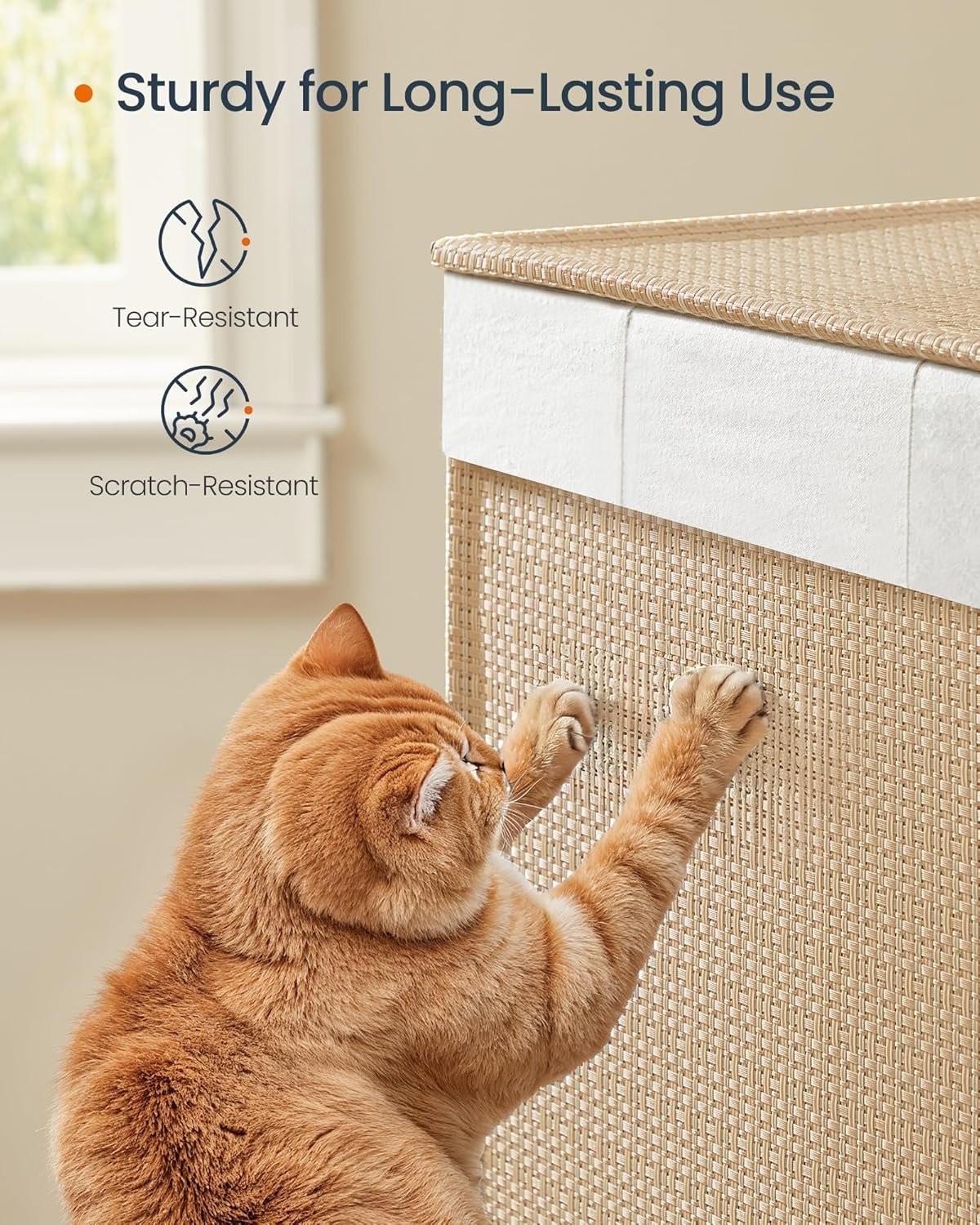 SONGMICS Cos rufe din tesatura tip ratan, 140L cu 3 compartimente si roti, 66x38x65 cm, bej natur 4 SONGMICS Cos rufe din tesatura tip ratan, 140L cu 3 compartimente si roti, 66x38x65 cm, bej natur - imagine 4