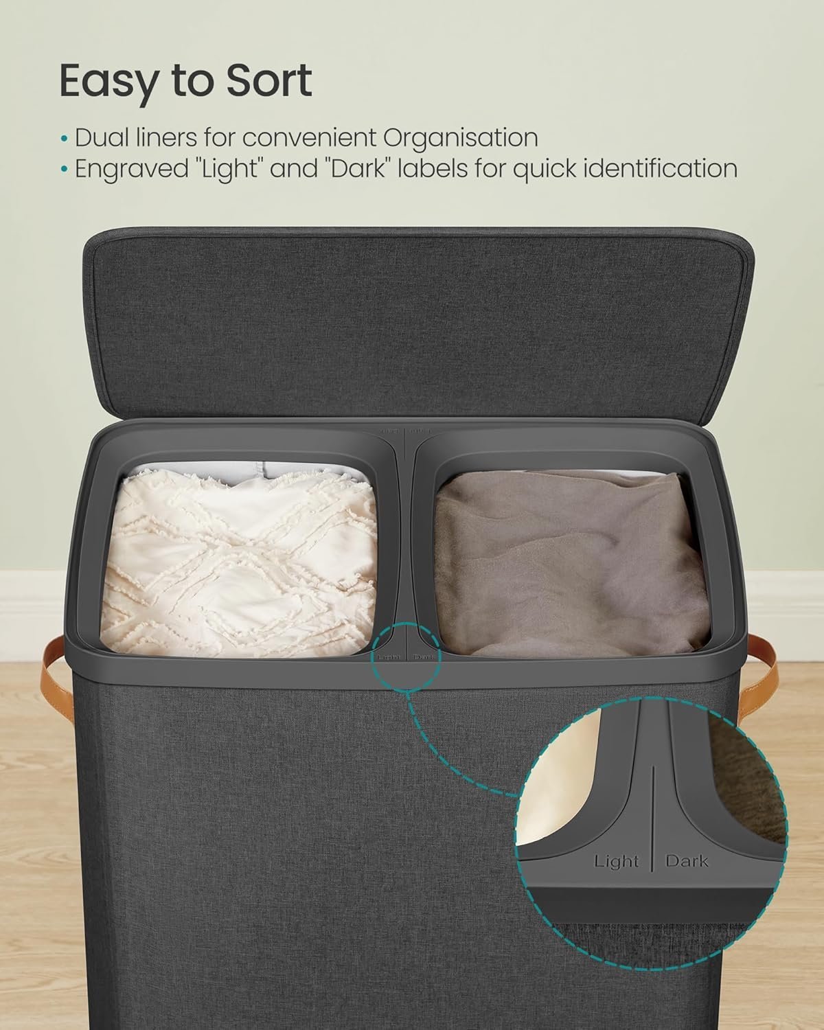 songmics cos rufe cu 2 compartimente si capac, saci detasabili cu maner, 170 litri, 56x40x75 cm, negru 2 SONGMICS Cos rufe cu 2 compartimente si capac, saci detasabili cu maner, 170 litri, 56x40x75 cm, negru - imagine 2