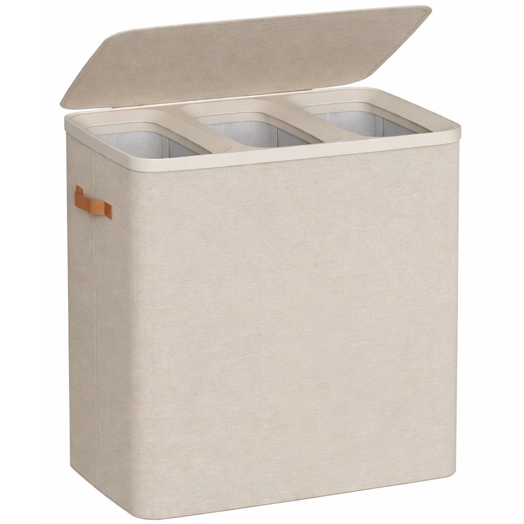 SONGMICS Cos rufe cu 3 compartimente si capac, saci detasabili cu maner, 190 litri, 64x40x75 cm, bej