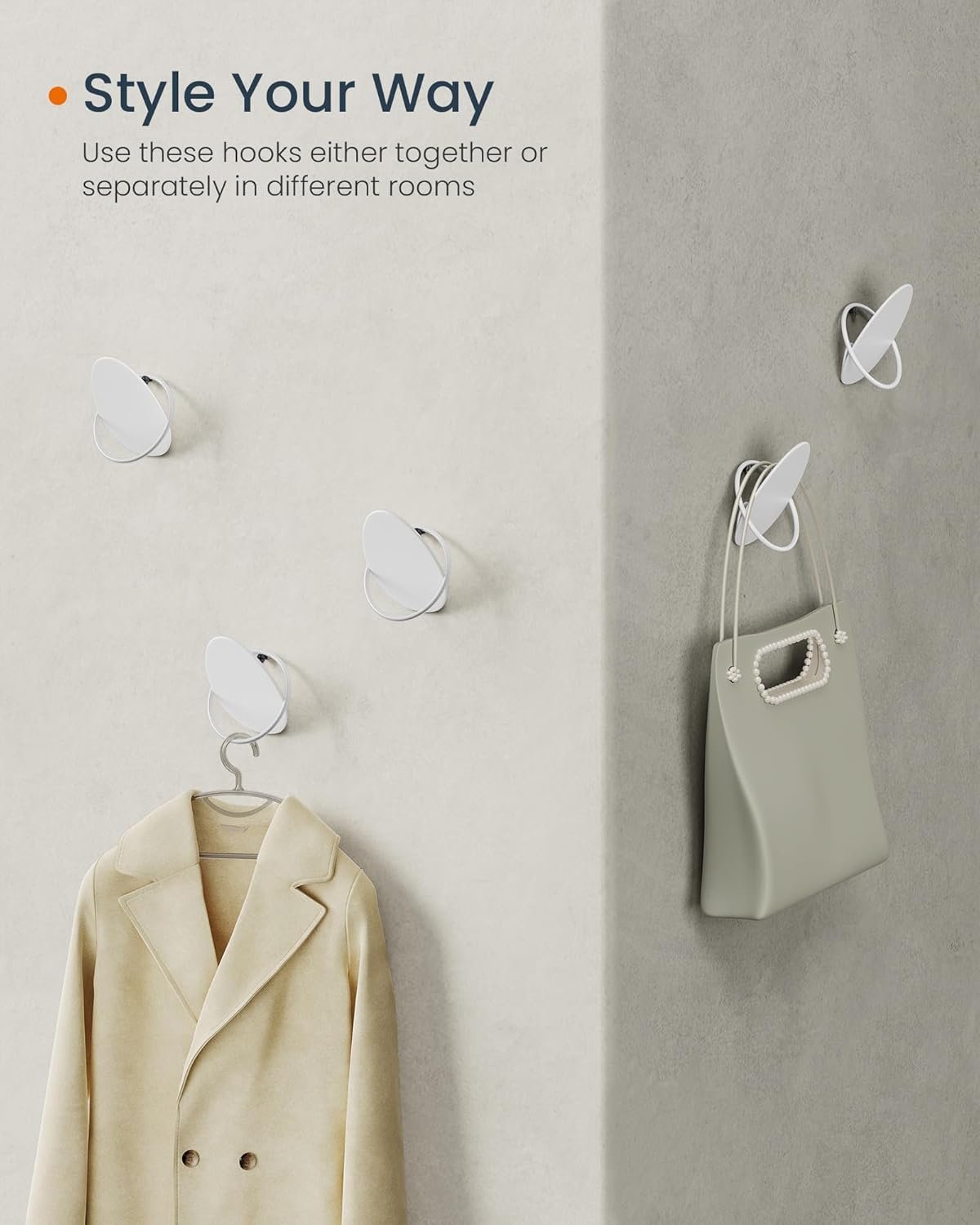 SONGMICS Set 4 carlige perete, design oval din otel, 5 kg per carlig, 9x5x7 cm, alb perlat 4 SONGMICS Set 4 carlige perete, design oval din otel, 5 kg per carlig, 9x5x7 cm, alb perlat - imagine 4