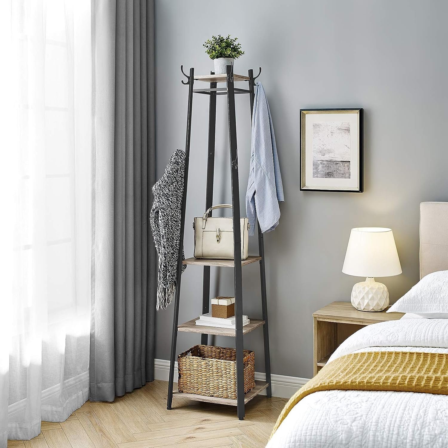 vasagle cuier de haine cu 3 rafturi, suport cu carlige, din otel, 43x43x180 cm, stil industrial, gri si negru 3 VASAGLE Cuier de haine cu 3 rafturi, suport cu carlige, din otel, 43x43x180 cm, stil industrial, gri si negru - imagine 3