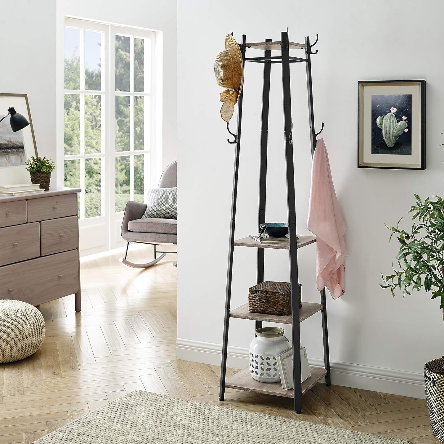 vasagle cuier de haine cu 3 rafturi, suport cu carlige, din otel, 43x43x180 cm, stil industrial, gri si negru 4 VASAGLE Cuier de haine cu 3 rafturi, suport cu carlige, din otel, 43x43x180 cm, stil industrial, gri si negru - imagine 4