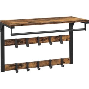 VASAGLE Raft de perete tip cuier, 10 carlige detasabile, sina pentru haine, 30x65x42cm, maro rustic si negru