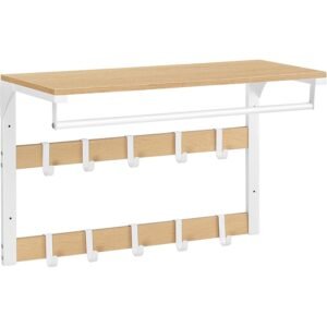 VASAGLE Raft de perete tip cuier, 10 carlige detasabile, sina pentru haine, 30x65x42cm, stejar si alb