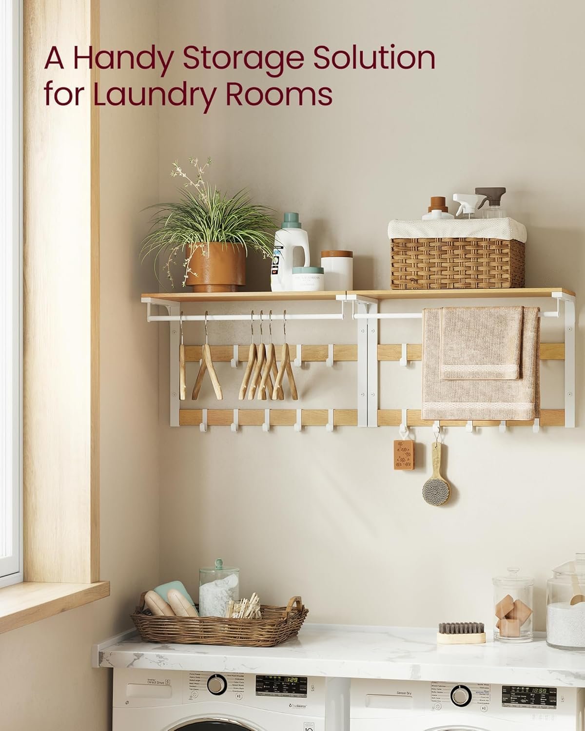 VASAGLE Raft de perete tip cuier, 10 carlige detasabile, sina pentru haine, 30x65x42cm, stejar si alb 3 VASAGLE Raft de perete tip cuier, 10 carlige detasabile, sina pentru haine, 30x65x42cm, stejar si alb - imagine 3