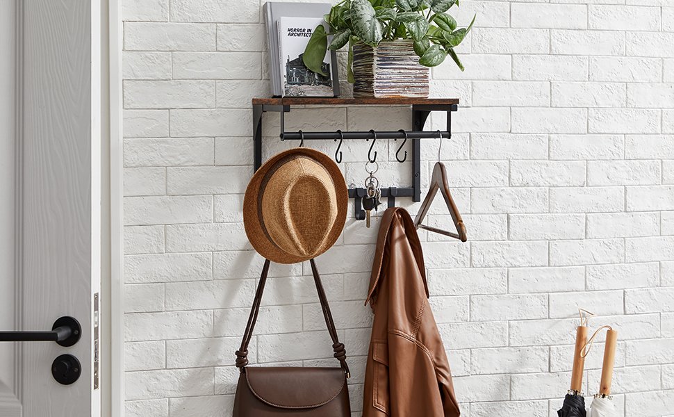 VASAGLE Cuier perete cu 8 carlige si polita, 40x24x24 cm, maro rustic si negru