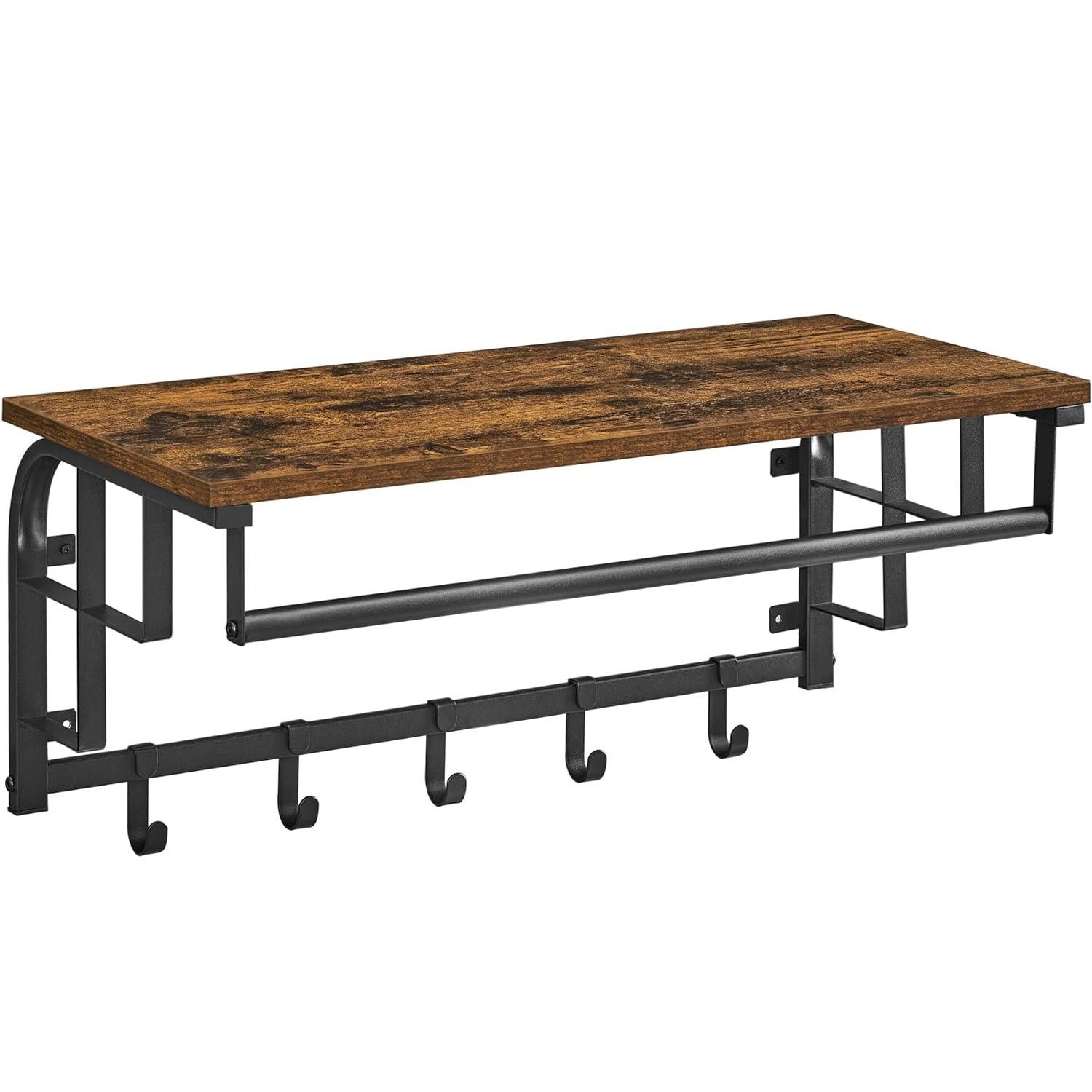 vasagle cuier de perete cu raft de depozitare, 5 carlige detasabile, 30x66x27cm, maro rustic si negru 1 VASAGLE Cuier de perete cu raft de depozitare, 5 carlige detasabile, 30x66x27cm, maro rustic si negru