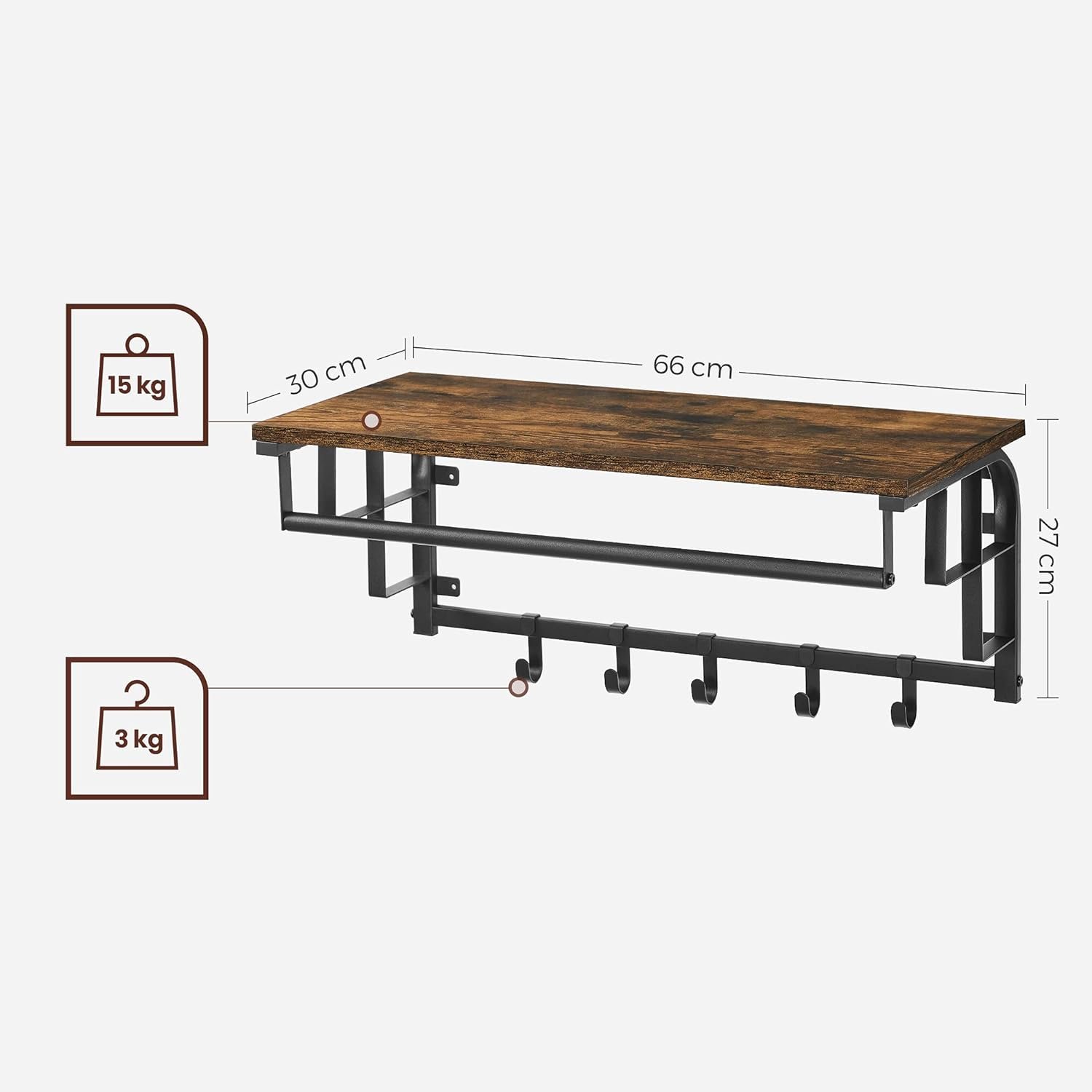 vasagle cuier de perete cu raft de depozitare, 5 carlige detasabile, 30x66x27cm, maro rustic si negru 2 VASAGLE Cuier de perete cu raft de depozitare, 5 carlige detasabile, 30x66x27cm, maro rustic si negru - imagine 2