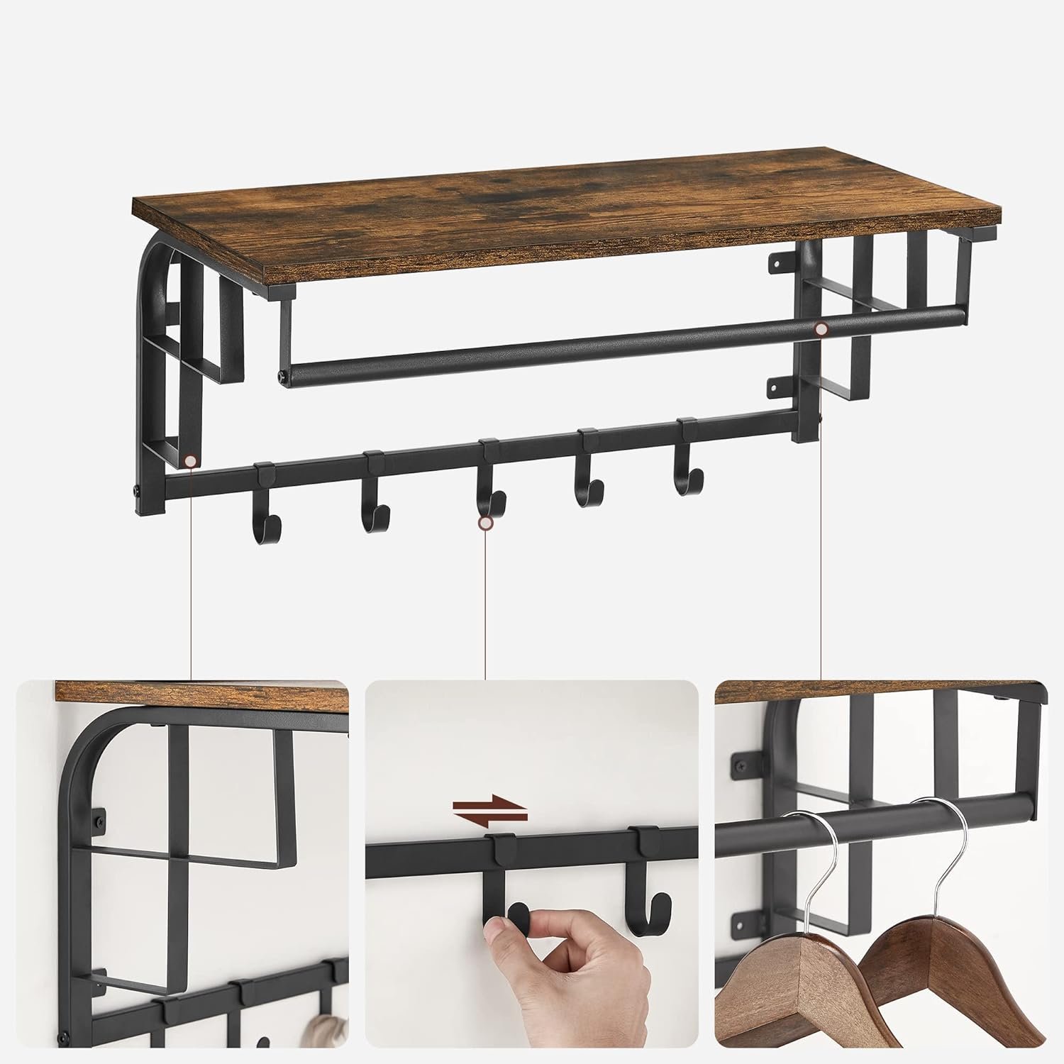 vasagle cuier de perete cu raft de depozitare, 5 carlige detasabile, 30x66x27cm, maro rustic si negru 3 VASAGLE Cuier de perete cu raft de depozitare, 5 carlige detasabile, 30x66x27cm, maro rustic si negru - imagine 3