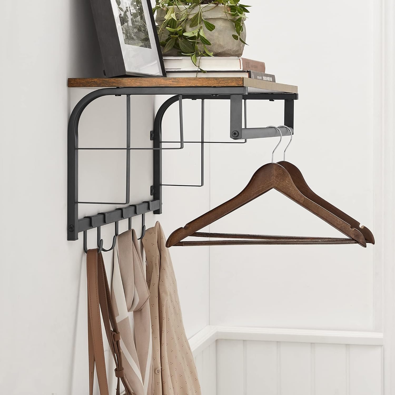 vasagle cuier de perete cu raft de depozitare, 5 carlige detasabile, 30x66x27cm, maro rustic si negru 4 VASAGLE Cuier de perete cu raft de depozitare, 5 carlige detasabile, 30x66x27cm, maro rustic si negru - imagine 4