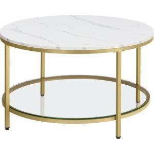 VASAGLE Masa de cafea rotunda cu blat din imitatie de marmura, polita suplimentara din sticla, 80x45cm, alb si auriu