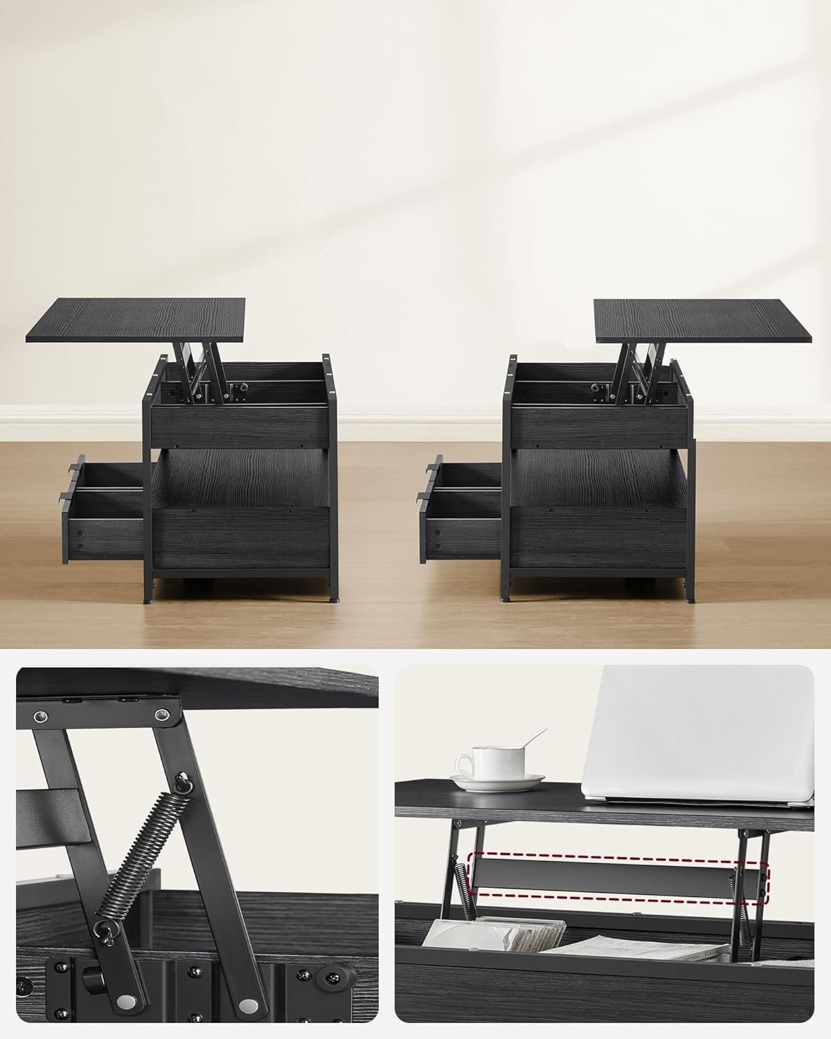 VASAGLE Masuta de cafea cu blat reglabil pe inaltime, cu sertare si spatii de depozitare, stil industrial, 100x50x63 cm, gri antracit 2 VASAGLE Masuta de cafea cu blat reglabil pe inaltime, cu sertare si spatii de depozitare, stil industrial, 100x50x63 cm, gri antracit - imagine 2