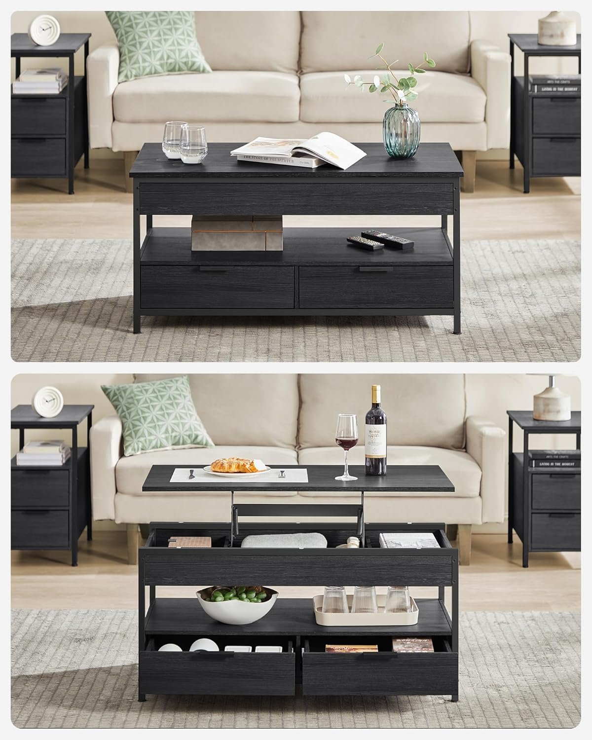 VASAGLE Masuta de cafea cu blat reglabil pe inaltime, cu sertare si spatii de depozitare, stil industrial, 100x50x63 cm, gri antracit 4 VASAGLE Masuta de cafea cu blat reglabil pe inaltime, cu sertare si spatii de depozitare, stil industrial, 100x50x63 cm, gri antracit - imagine 4