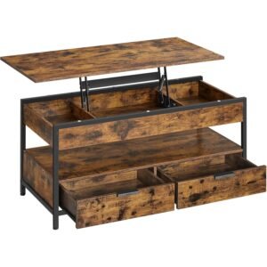 VASAGLE Masuta de cafea cu blat reglabil pe inaltime, cu sertare si spatii de depozitare, stil industrial, 100x50x63 cm, maro vintage