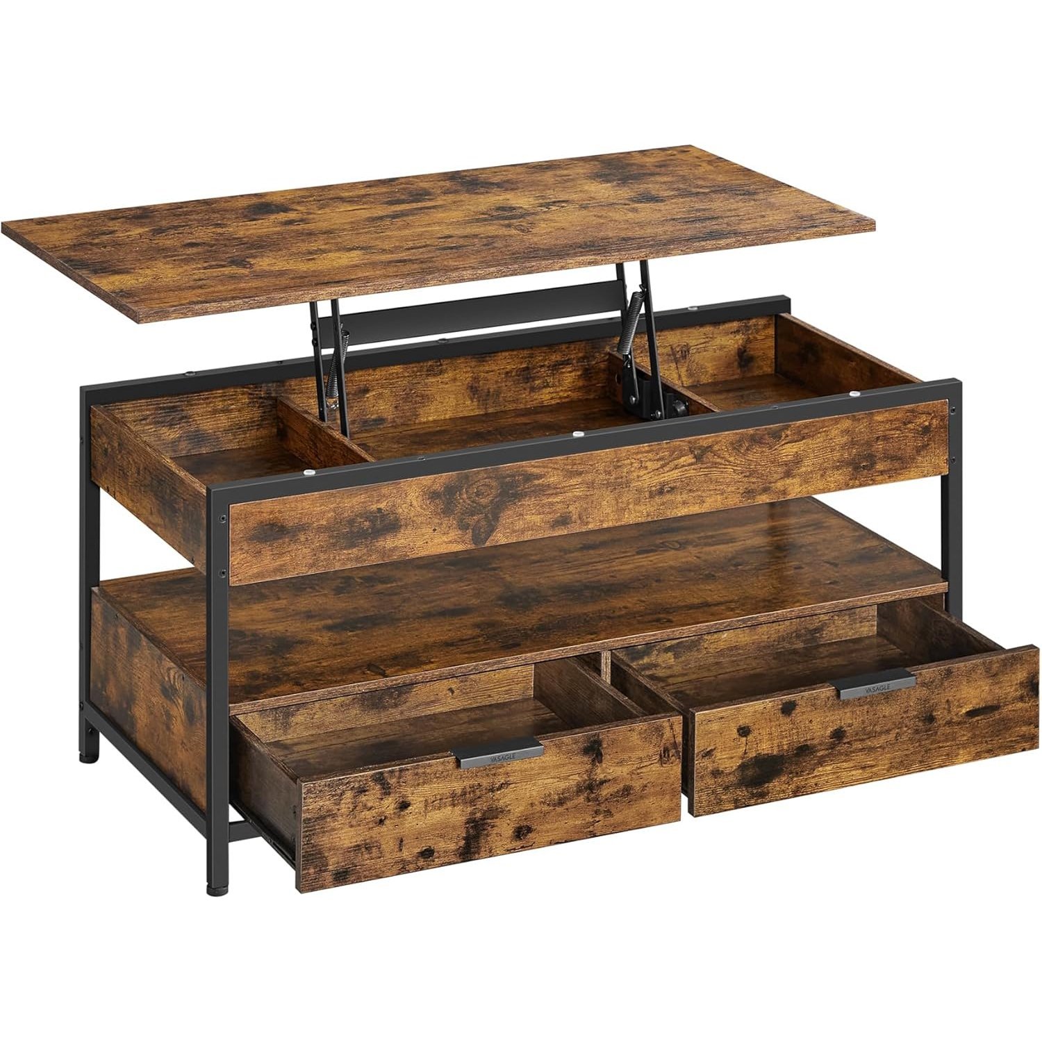 VASAGLE Masuta de cafea cu blat reglabil pe inaltime, cu sertare si spatii de depozitare, stil industrial, 100x50x63 cm, maro vintage 1 VASAGLE Masuta de cafea cu blat reglabil pe inaltime, cu sertare si spatii de depozitare, stil industrial, 100x50x63 cm, maro vintage