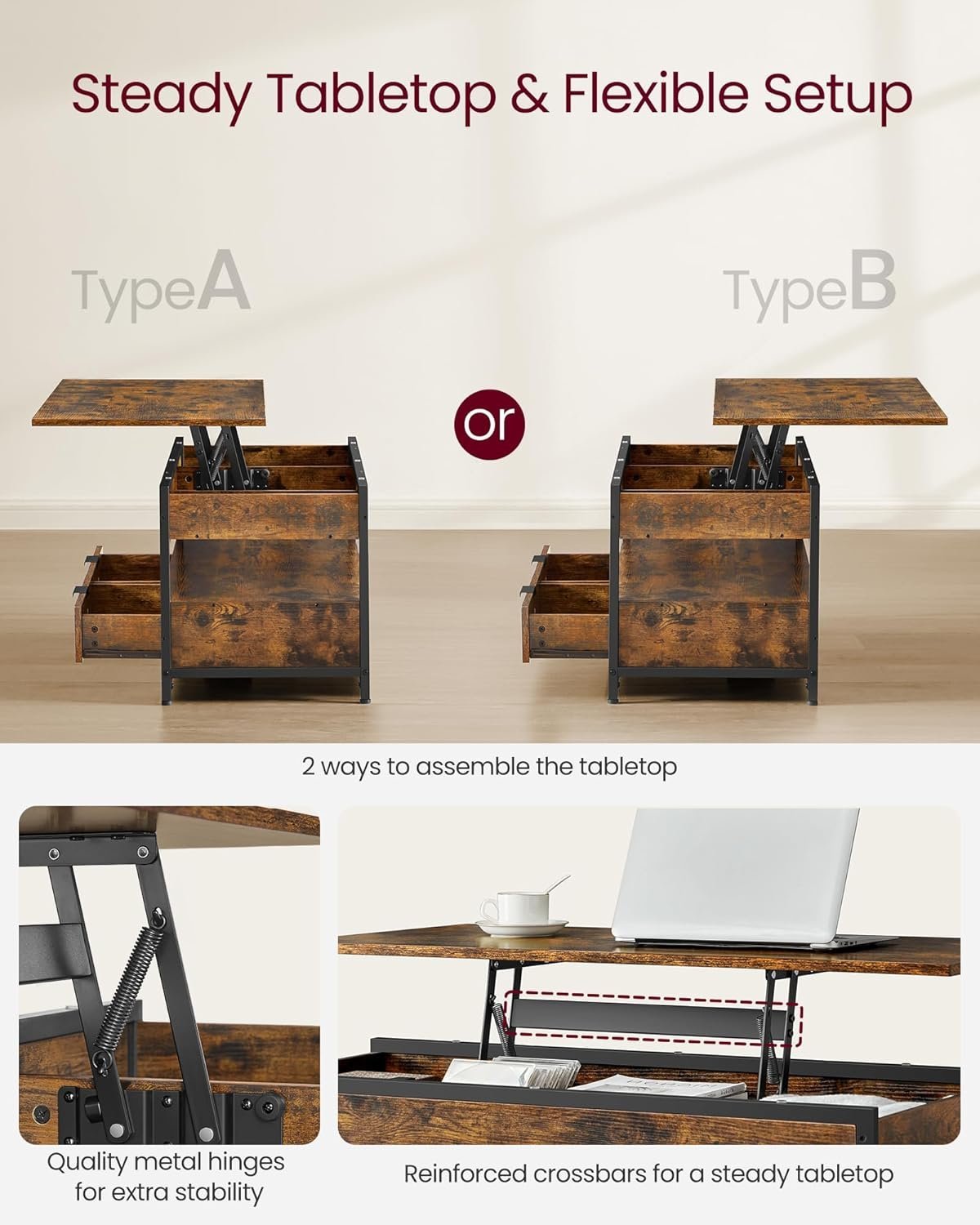 VASAGLE Masuta de cafea cu blat reglabil pe inaltime, cu sertare si spatii de depozitare, stil industrial, 100x50x63 cm, maro vintage 3 VASAGLE Masuta de cafea cu blat reglabil pe inaltime, cu sertare si spatii de depozitare, stil industrial, 100x50x63 cm, maro vintage - imagine 3