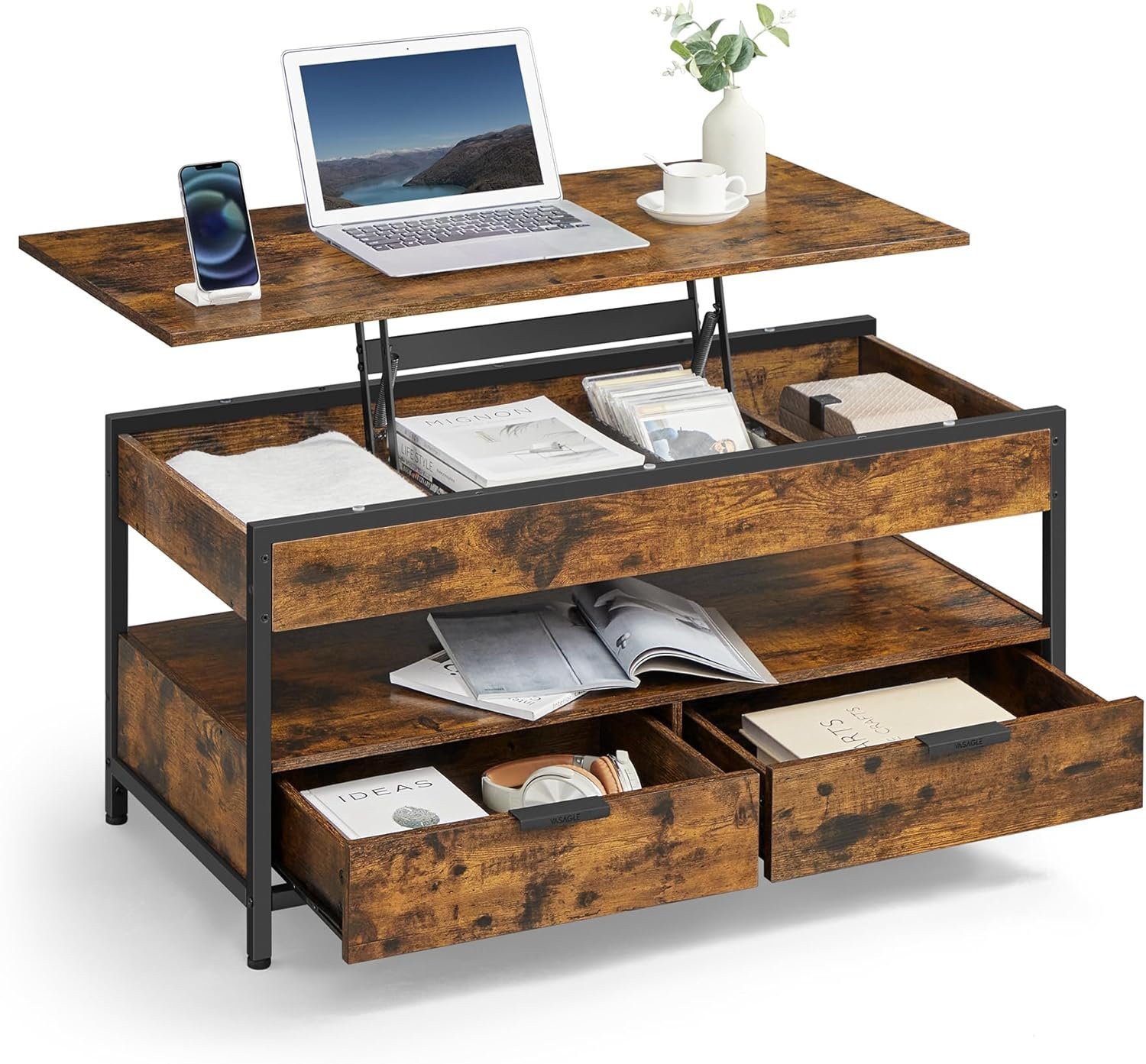 VASAGLE Masuta de cafea cu blat reglabil pe inaltime, cu sertare si spatii de depozitare, stil industrial, 100x50x63 cm, maro vintage 4 VASAGLE Masuta de cafea cu blat reglabil pe inaltime, cu sertare si spatii de depozitare, stil industrial, 100x50x63 cm, maro vintage - imagine 4