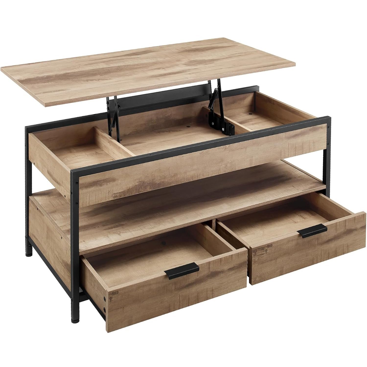 VASAGLE Masuta de cafea cu blat rabatabil 100×50 cm, 5 compartimente, stil industrial, PAL si otel, maro-negru