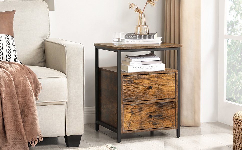 VASAGLE Noptiera cu compartiment deschis, 2 sertare, stil industrial, 45x45x60cm, maro rustic si negru 2 VASAGLE Noptiera cu compartiment deschis, 2 sertare, stil industrial, 45x45x60cm, maro rustic si negru - imagine 2