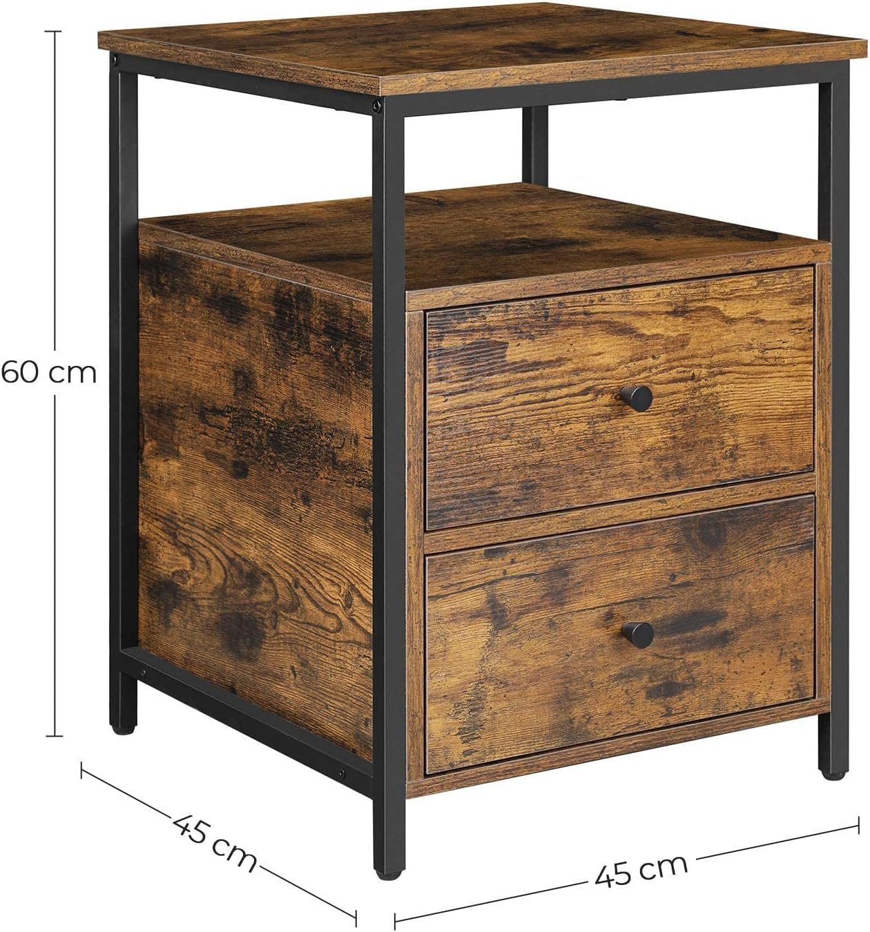 VASAGLE Noptiera cu compartiment deschis, 2 sertare, stil industrial, 45x45x60cm, maro rustic si negru 3 VASAGLE Noptiera cu compartiment deschis, 2 sertare, stil industrial, 45x45x60cm, maro rustic si negru - imagine 3