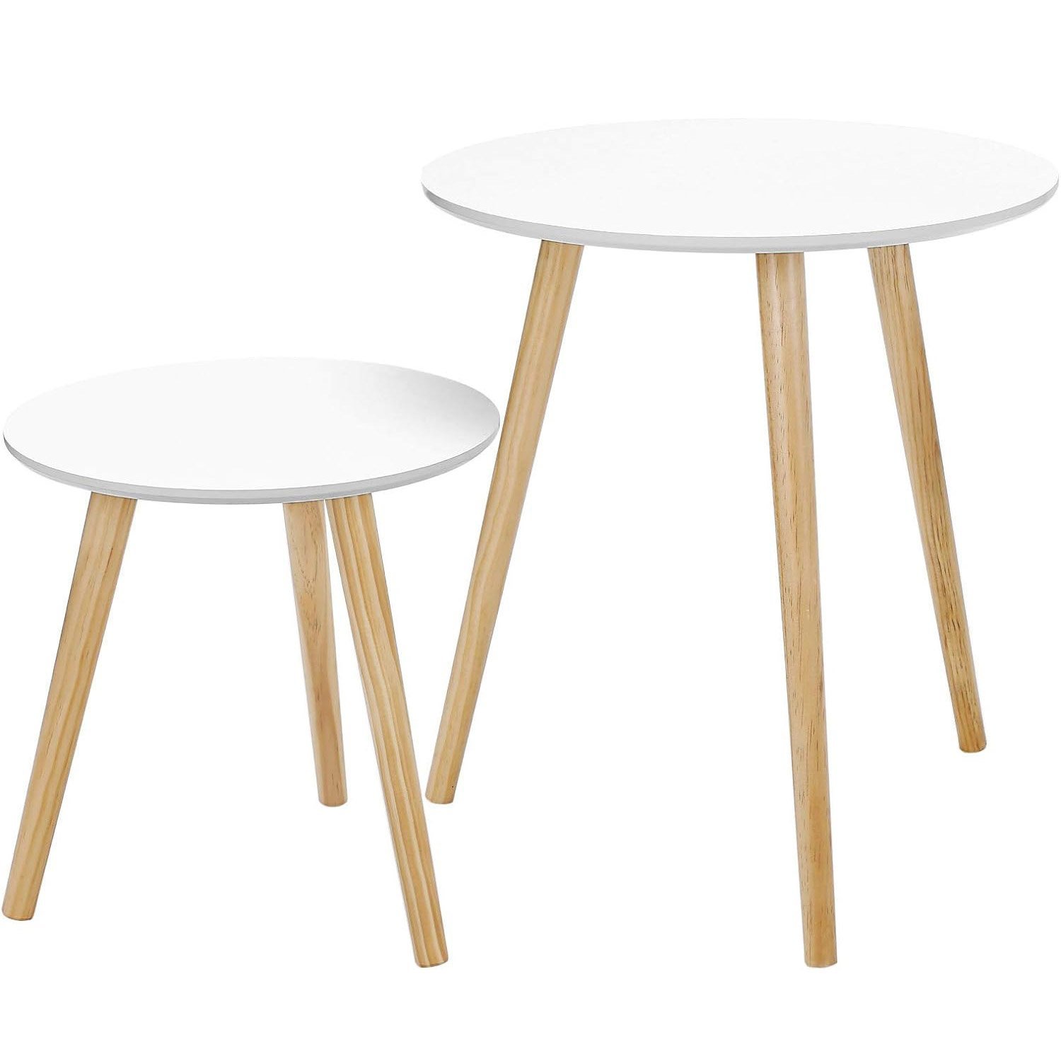 VASAGLE Masa de cafea, set de 2 bucati, picioare din lemn si blat MDF, design minimalist scandinav, 45x50cm si 35x35cm, alb