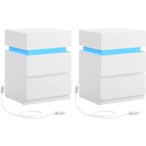 VASAGLE Set 2 noptiere din MDF cu iluminare LED, culori si intensitate reglabile, 35x40x55cm, alb
