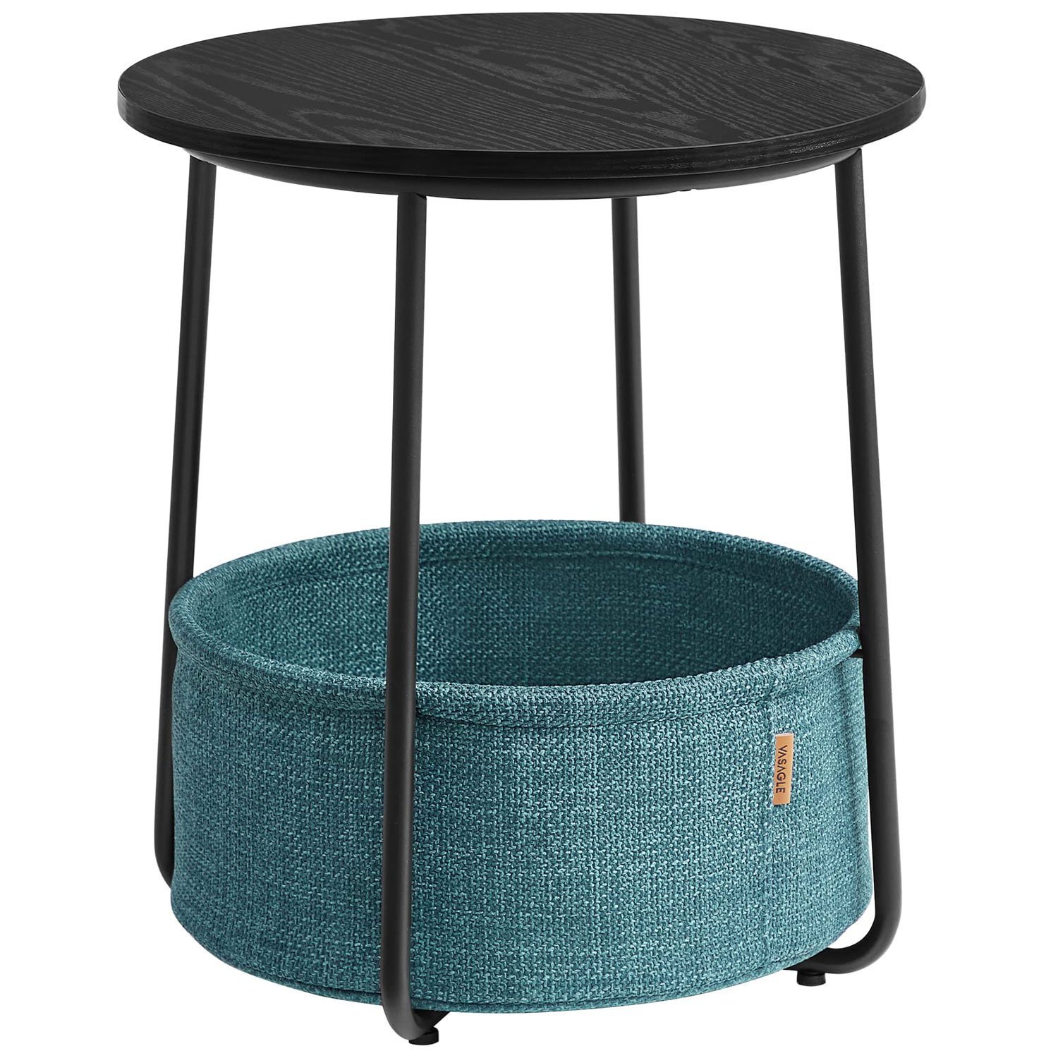VASAGLE Masuta de cafea rotunda cu cos de stofa, stil modern, 45x50cm, negru cu turcoaz inchis