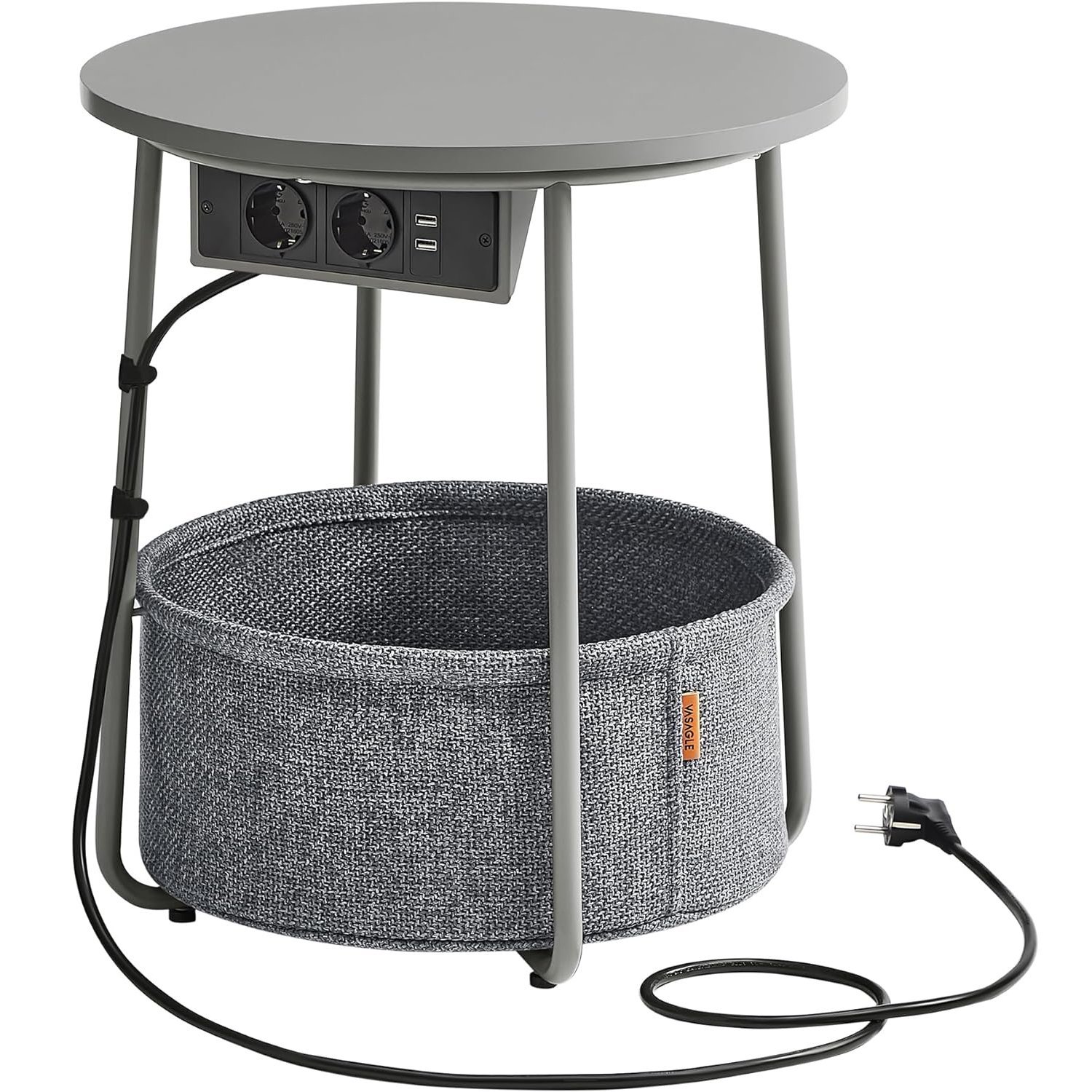 VASAGLE Masuta de cafea rotunda cu cos de stofa, statie de incarcare 2 prize si 2 USB, 45x50cm, gri argintiu