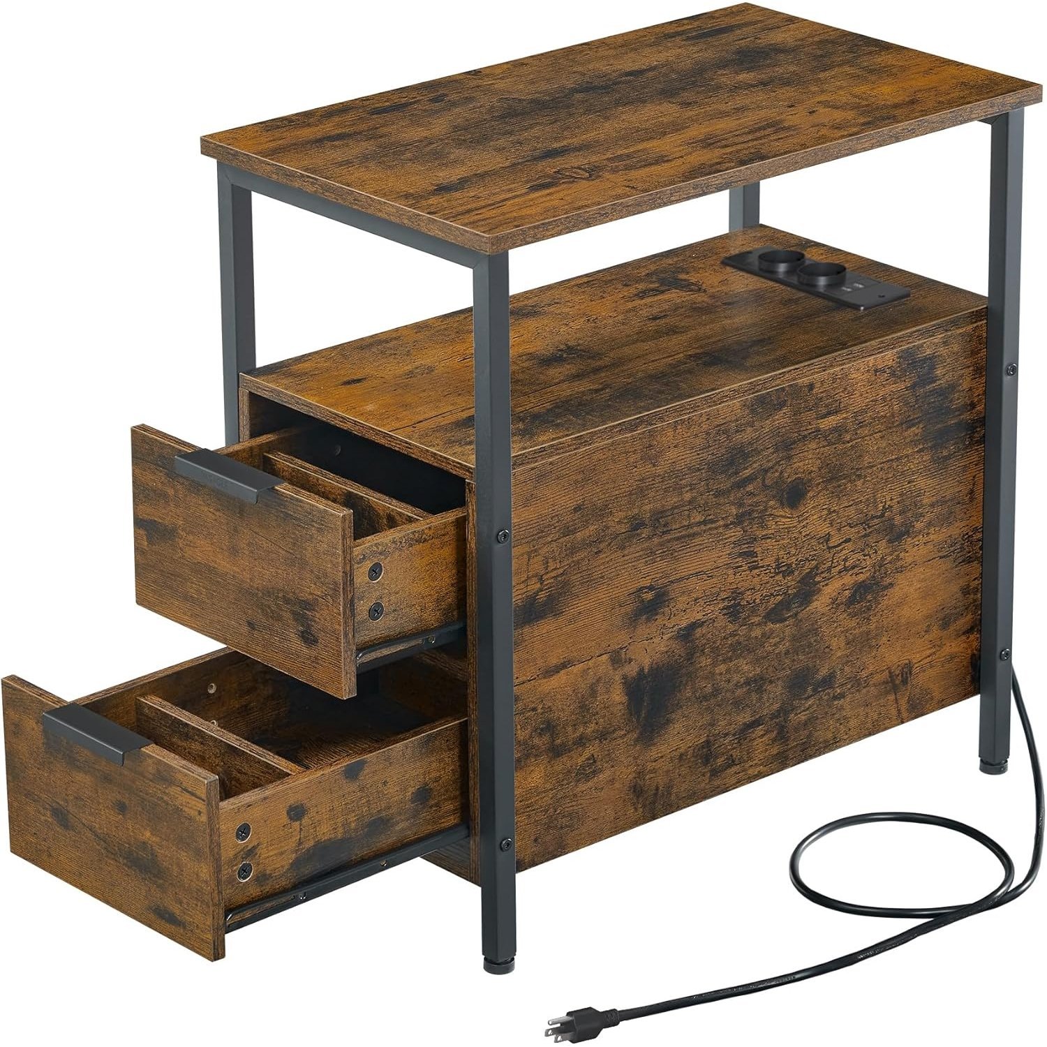 VASAGLE Noptiera 60x35x61 cm, cu 2 sertare, rafturi si priza incorporata, PAL si otel, maro rustic 1 VASAGLE Noptiera 60x35x61 cm, cu 2 sertare, rafturi si priza incorporata, PAL si otel, maro rustic