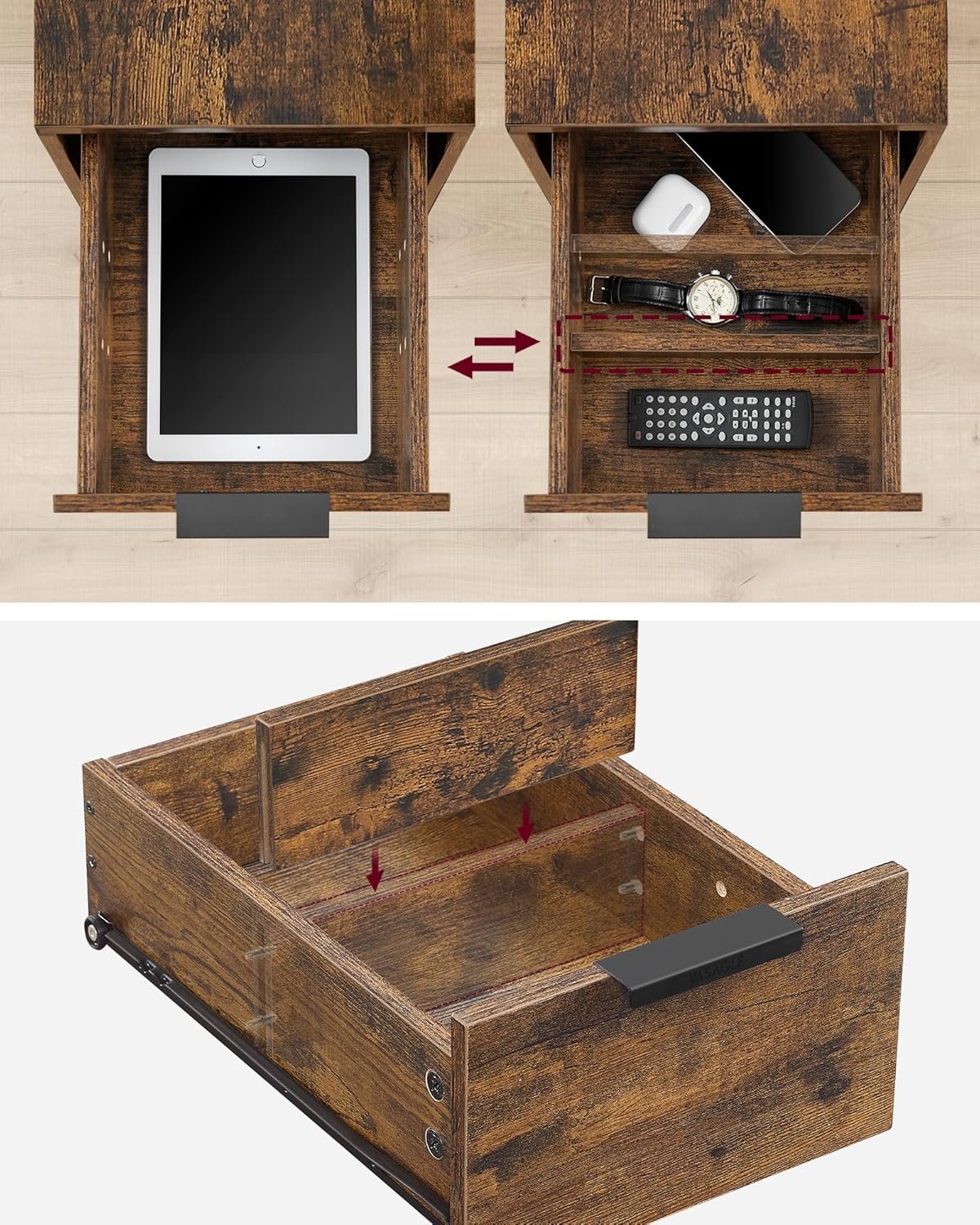 VASAGLE Noptiera 60x35x61 cm, cu 2 sertare, rafturi si priza incorporata, PAL si otel, maro rustic 3 VASAGLE Noptiera 60x35x61 cm, cu 2 sertare, rafturi si priza incorporata, PAL si otel, maro rustic - imagine 3