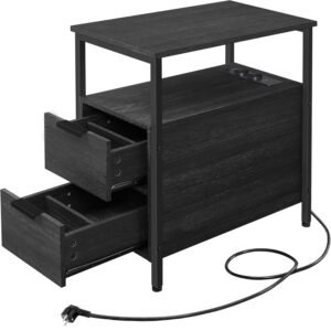 VASAGLE Noptiera 60x35x61 cm, cu 2 sertare, rafturi si priza incorporata, PAL si otel, gri antracit si negru