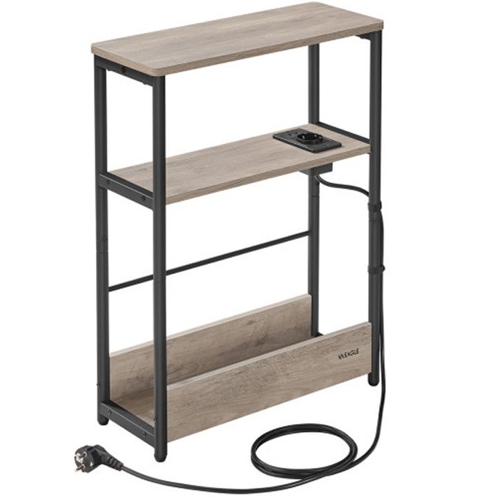 VASAGLE Masuta ingusta cu priza si porturi de incarcare USB, 3 rafturi, 45x18x58 cm, gri