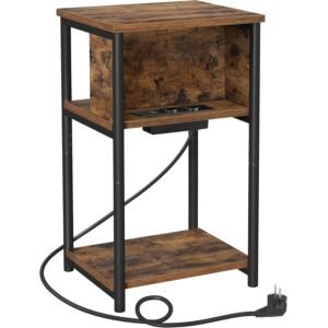 VASAGLE Noptiera cu prize si USB, 3 rafturi, stil industrial, 30x34x58 cm, maro rustic