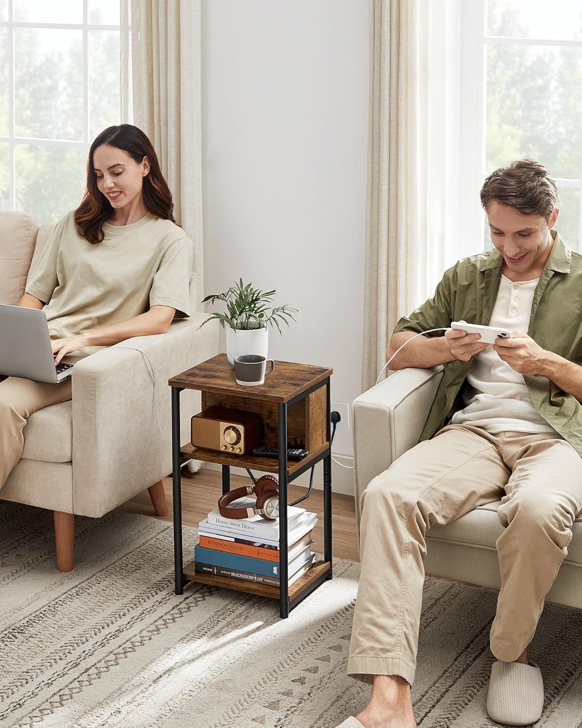 VASAGLE Noptiera cu prize si USB, 3 rafturi, stil industrial, 30x34x58 cm, maro rustic 2 VASAGLE Noptiera cu prize si USB, 3 rafturi, stil industrial, 30x34x58 cm, maro rustic - imagine 2