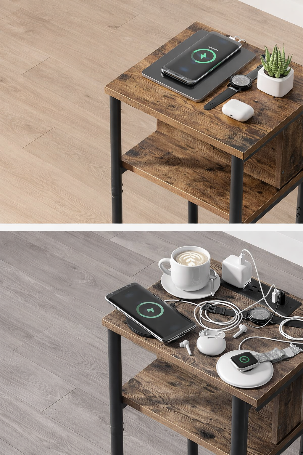 VASAGLE Noptiera cu prize si USB, 3 rafturi, stil industrial, 30x34x58 cm, maro rustic 3 VASAGLE Noptiera cu prize si USB, 3 rafturi, stil industrial, 30x34x58 cm, maro rustic - imagine 3