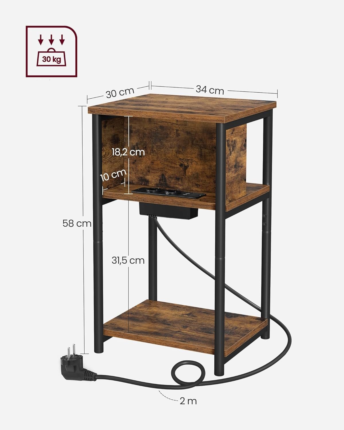 VASAGLE Noptiera cu prize si USB, 3 rafturi, stil industrial, 30x34x58 cm, maro rustic 4 VASAGLE Noptiera cu prize si USB, 3 rafturi, stil industrial, 30x34x58 cm, maro rustic - imagine 4