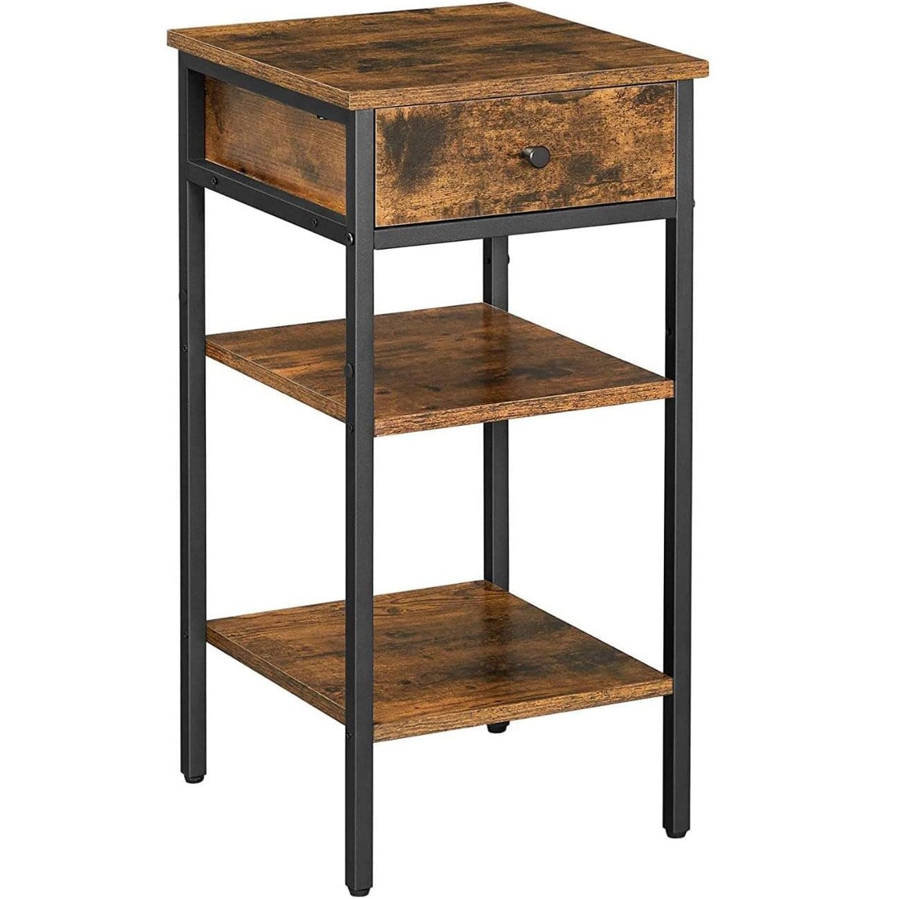 VASAGLE Noptiera inalta cu sertar si 2 rafturi de depozitare, stil industrial, 35x35x70cm, maro rustic si negru 1 VASAGLE Noptiera inalta cu sertar si 2 rafturi de depozitare, stil industrial, 35x35x70cm, maro rustic si negru