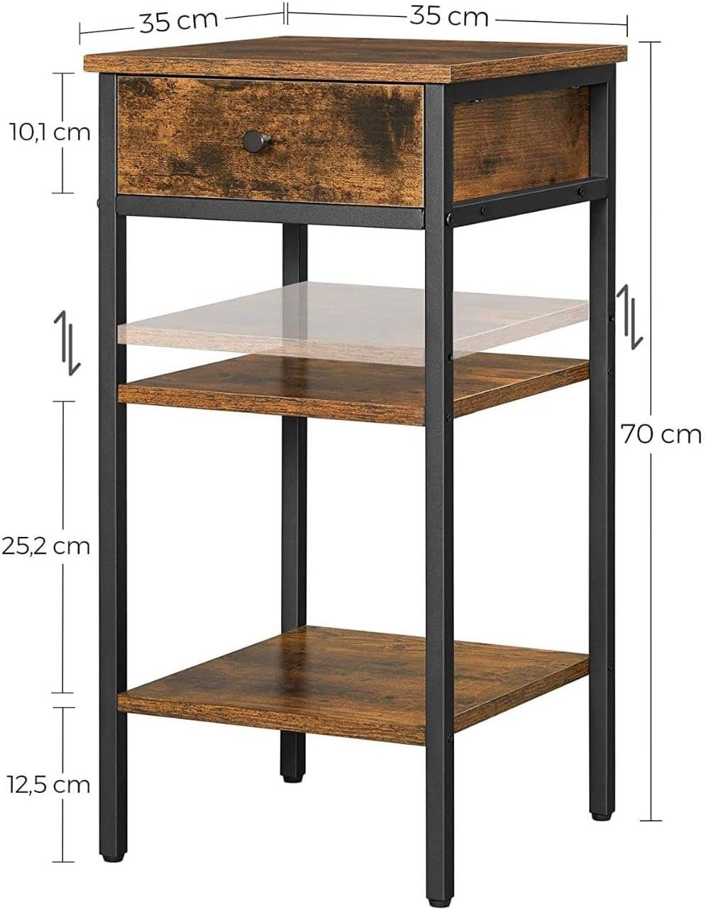 VASAGLE Noptiera inalta cu sertar si 2 rafturi de depozitare, stil industrial, 35x35x70cm, maro rustic si negru 3 VASAGLE Noptiera inalta cu sertar si 2 rafturi de depozitare, stil industrial, 35x35x70cm, maro rustic si negru - imagine 3