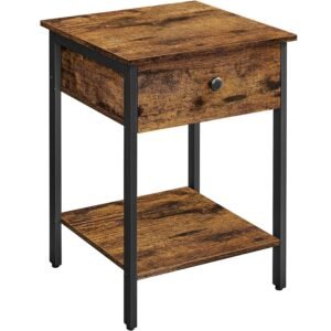 VASAGLE Noptiera din lemn cu cadru din otel, 1 sertar si 1 raft, 40x40x55, maro rustic si negru