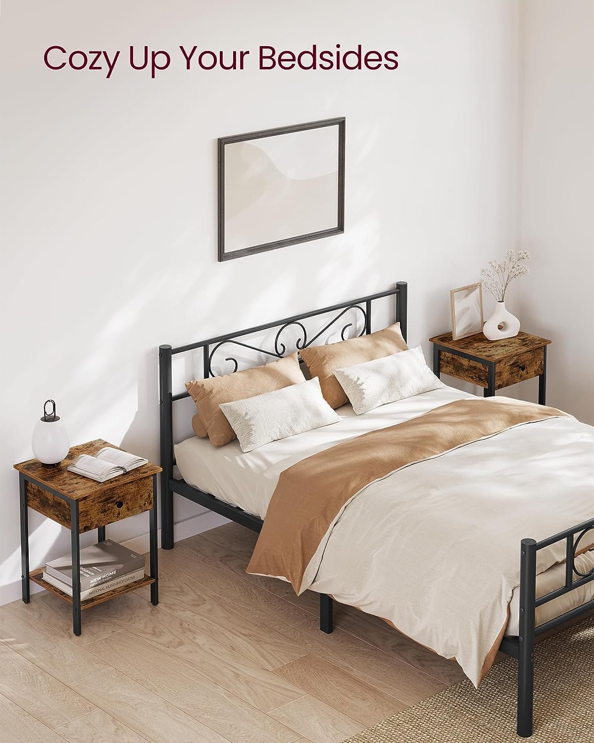 VASAGLE Noptiera din lemn cu cadru din otel, 1 sertar si 1 raft, 40x40x55, maro rustic si negru 4 VASAGLE Noptiera din lemn cu cadru din otel, 1 sertar si 1 raft, 40x40x55, maro rustic si negru - imagine 4