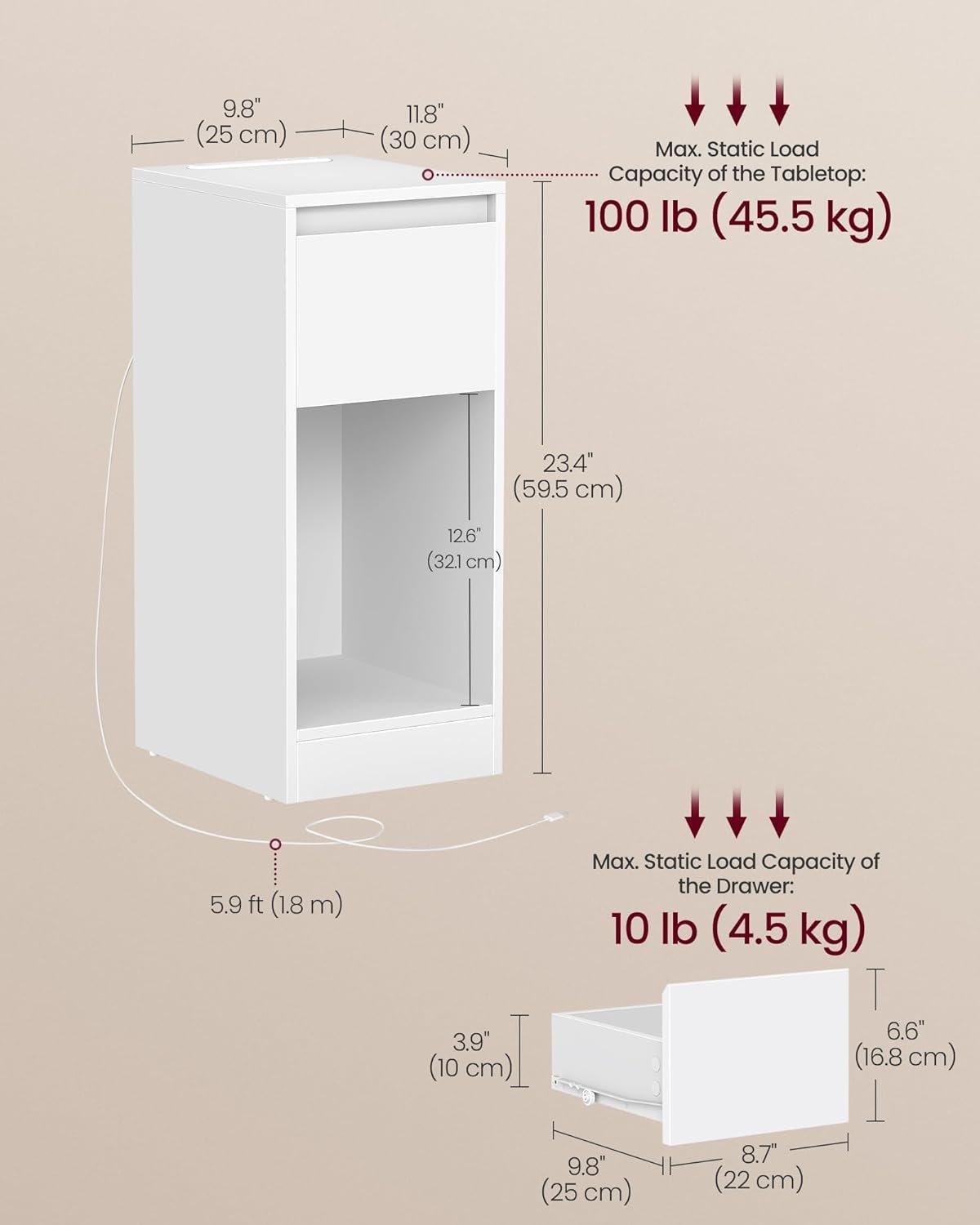 VASAGLE Noptiera slim cu LED si statie de incarcare cu 2 prize USB, MDF, 30x25x60 cm, alb 2 VASAGLE Noptiera slim cu LED si statie de incarcare cu 2 prize USB, MDF, 30x25x60 cm, alb - imagine 2