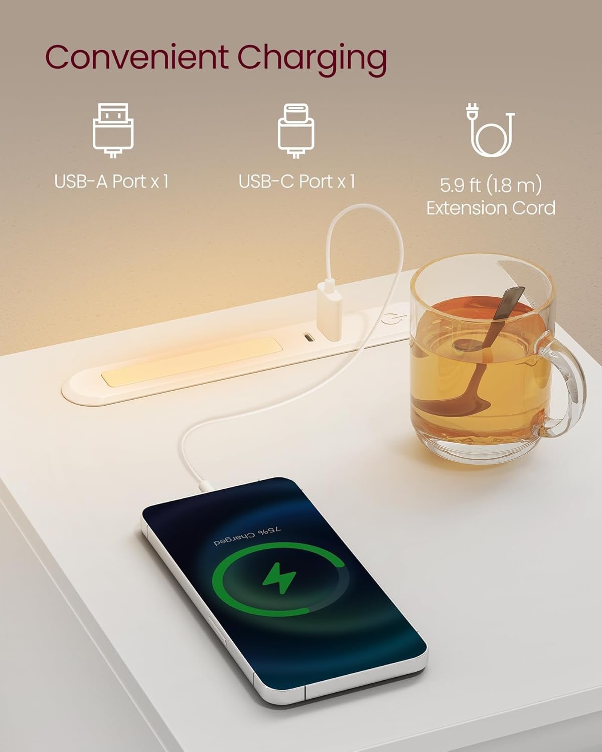 VASAGLE Noptiera slim cu LED si statie de incarcare cu 2 prize USB, MDF, 30x25x60 cm, alb 3 VASAGLE Noptiera slim cu LED si statie de incarcare cu 2 prize USB, MDF, 30x25x60 cm, alb - imagine 3