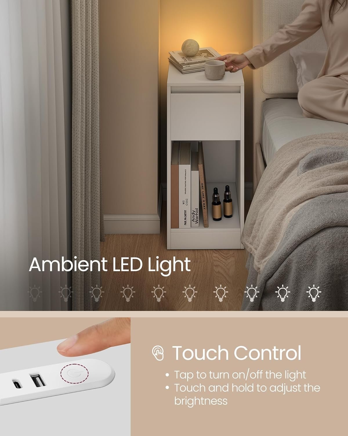 VASAGLE Noptiera slim cu LED si statie de incarcare cu 2 prize USB, MDF, 30x25x60 cm, alb 4 VASAGLE Noptiera slim cu LED si statie de incarcare cu 2 prize USB, MDF, 30x25x60 cm, alb - imagine 4