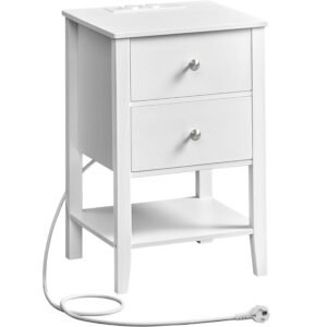 VASAGLE Noptiera din bambus, cu 2 sertare, 2 prize si 2 USB, 35x40x60 cm, alb